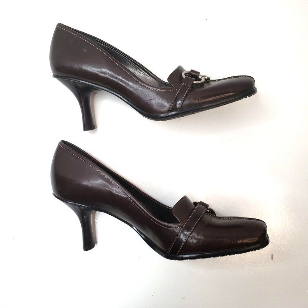Gianni Bini Square Toe Pump Sz 7 Brown Leather Slip On Heeled Career Dress Shoe - Picture 6 of 11